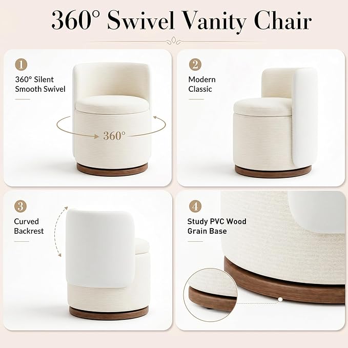Ottoman with Storage, Round Vanity Stool with Back | 22L Hidden Seat, 360° Swivel, Reversible Lid, No Wheels, Upholstered Makeup Footstool for Bedroom