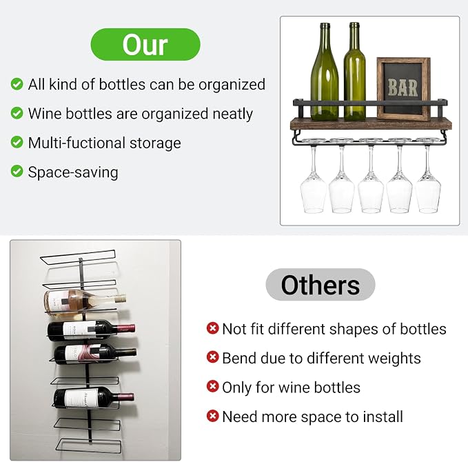 Mkono Wall Mounted Wine Rack Set of 2 Wood Rustic Wine Bottle Glass Floating Shelves with Stemware Hanger Modern Plants Photos Wine Display Storage Holder for Kitchen Dining Room Bar, 17 Inch