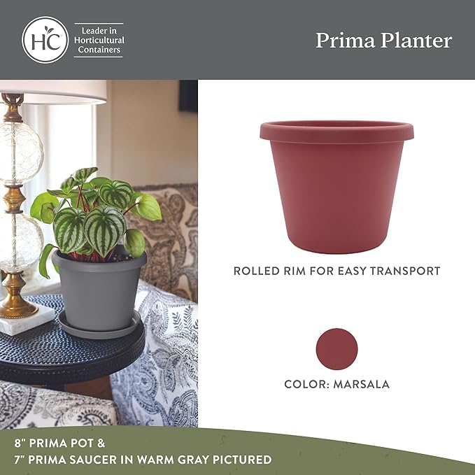 The HC Companies Prima Round Plastic Plant Pot w/Rolled Rim - Lightweight & UV Resistant Flower Pot for Herbs & More - Outdoor & Indoor Plant Pots w/Drainage (12 inch, Marsala, Pack of 1)