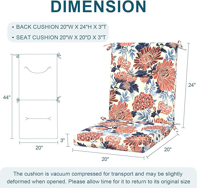 DYTXIII Outdoor High Back Chair Cushions Set of 2, 44x20 in Water Repellent Patio Seat Cushions with Elastic Sponge, All Weather Cushions for Rocking, Dining Chairs, Patio Furniture - Ruby Flower