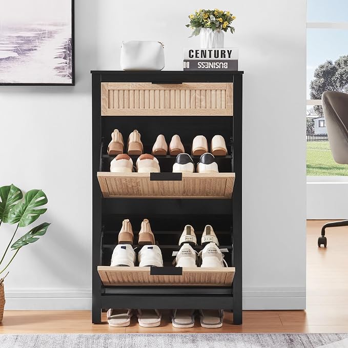 2-Flip Drawer Shoe Cabinet Narrow Entryway Rack, Oak&Black