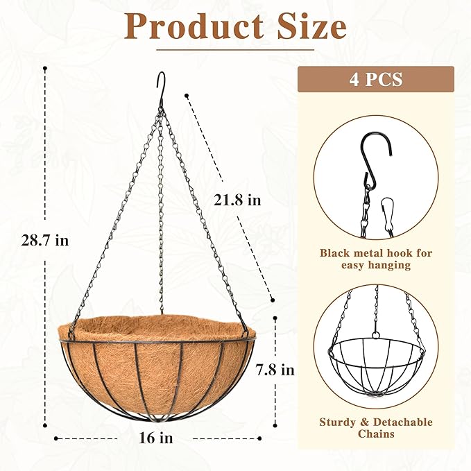 4 Pack Hanging Planter for Outdoor Plants 16 inch Metal Hanging Flower Basket with Coco Coir Liner Round Wire Plant Holder Chain Flower Pots Outdoor Garden Decoration Watering Hanging Baskets(XG)