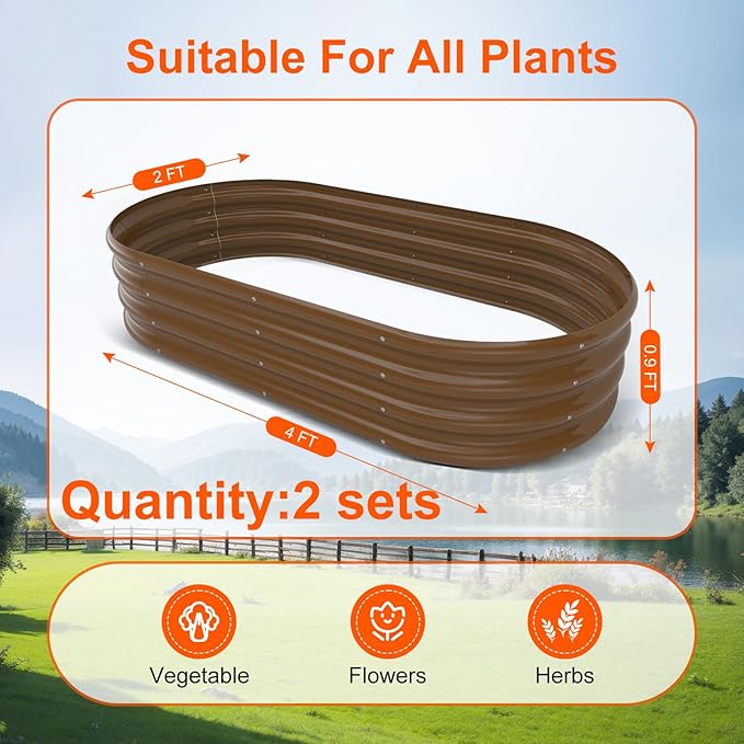 Rakukiri Raised Garden Bed Outdoor 2 Sets Oval Large Coating Metal Planter Box with No Heavy Metal for Vegetables, Flowers, Herbs