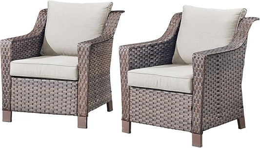 Outdoor Wicker Patio Chairs Set of 2 - Heavy Duty Outside Modern PE Rattan Lawn Chair for Front Porch Balcony Backyard Yard Deck Poolside Apartment – Brown/Beige