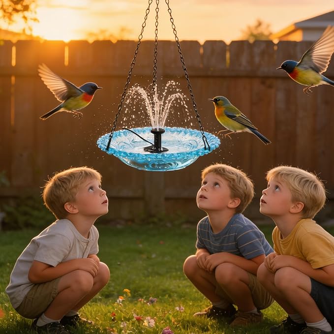 Hanging Bird Bath Fountain, Cascading Outdoor Birdbath with Glass Bowl, USB-Powered Water Feature for Garden, Patio, Yard Decor, Attracts Hummingbirds & Wild Birds