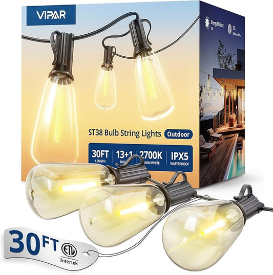 VIPAR Outdoor String Lights 30FT LED Patio Lights Waterproof with 13+1 Shatterproof ST38 Edison Bulbs, Connectable Outside Hanging Light for Porch, Garden, Backyard, Deck, Balcony, Decor, 2700K