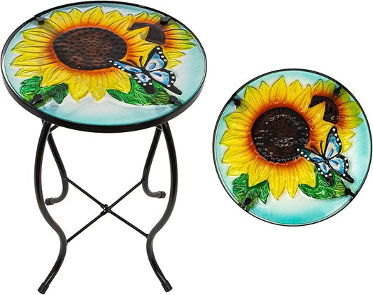 Butterfly Sunflower Small Patio Table,Outdoor Side Table,Outdoor Bar Tables,Metal Glass End Table for Porch Garden Yard Living Room Valentine Decor, 10 Inch Table, Valentine Decoration Gift