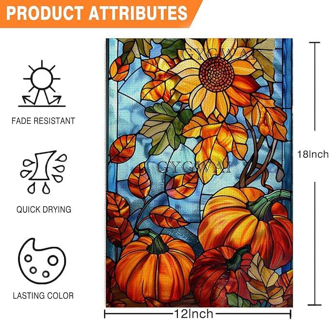 Fall Garden Flag 12x18 Inch Double Sided, Stained Glass Small Burlap Autumn Pumpkins Sunflowers Seasonal Yard Decoration for Outside
