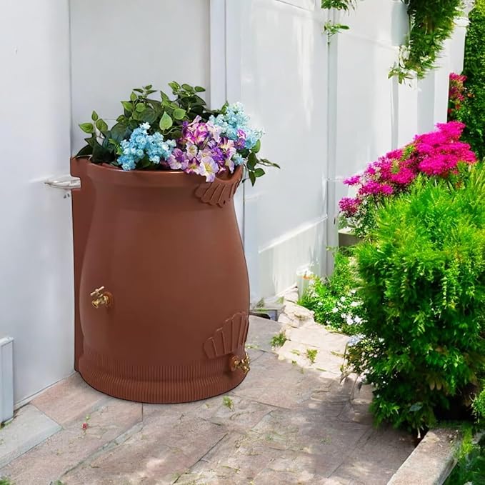 Rain Wizard Decorative Urn Rain Barrel, Durable polyethylene Resin, with Brass Spigot, Flat-Back Design,Perfect for Gardening Any Home (Terra Cotta, 50 Gallon)