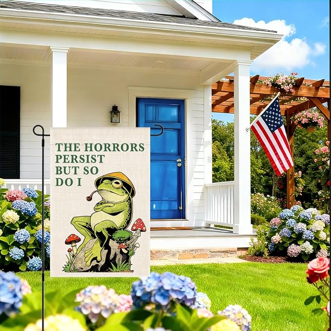 RZHV The Horrors Persist But So Do I Double-Sided Garden Flag for Outdoor House Yard Sign Garden Decor Parade, Funny Frog Social Justice Yard Sign, Motivational House Patio Outdoor Banner