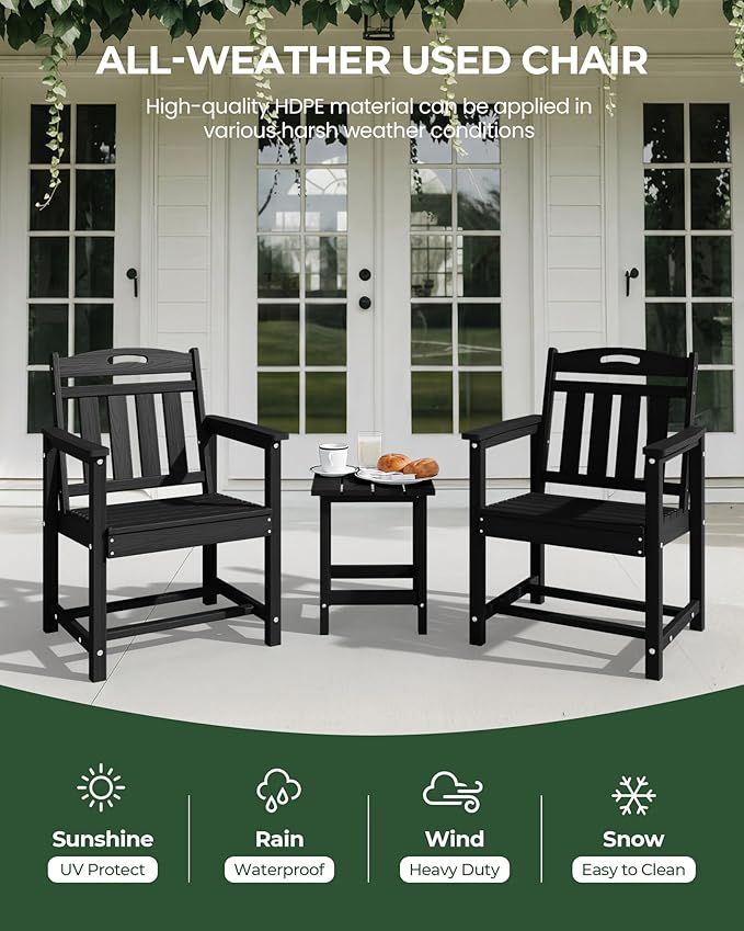 Patio Chairs, HDPE Outdoor Dining Chairs with Wide Seat, All Weather Oversized Porch Chair for Garden, Backyard, Deck - Black
