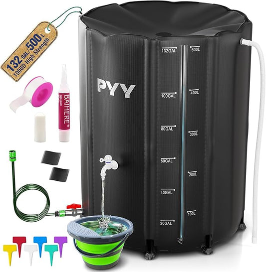 PYY Rain Water Collection Barrel 132 Gallon- Black Water Storage Tank with Spigot, Hose and Portable Bucket, Large Plastic Collapsible Rain Catcher Catchment System to Collect Rainwater from Gutter