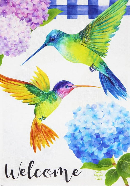 Hummingbirds and Hydrangeas Spring Burlap Garden Flag 12.5" x 18" Briarwood Lane