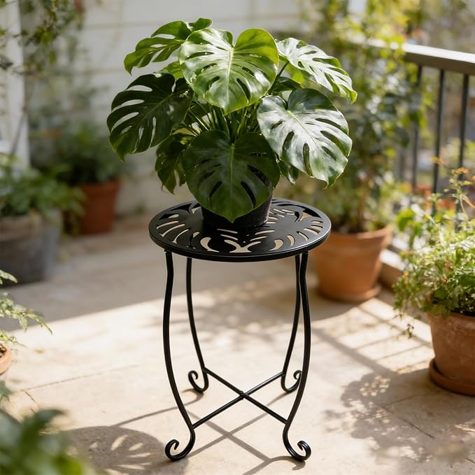 Outdoor Side Tables 2 Pack, 15" Height Tool-Free Metal Patio End Table with Monstera Pattern, Compact Space Saving Plant Stand for Balcony Porch Deck, Weather Resistant, Black