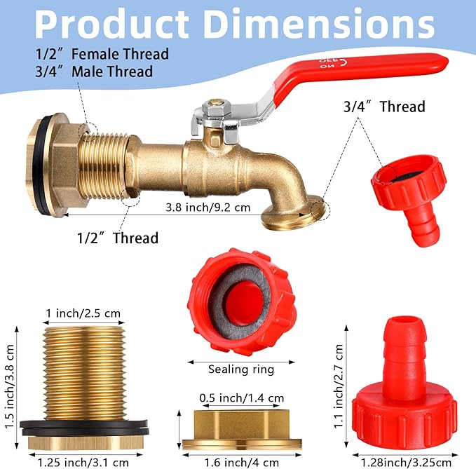 Tujoe 3 Set Brass Rain Barrel Spigot, Rain Faucet Kit for Rain Water Barrel, Water Tanks, Tubs, Pools Etc, Turn Ball Valve Rain Barrel Spigot with Bulkhead Fitting