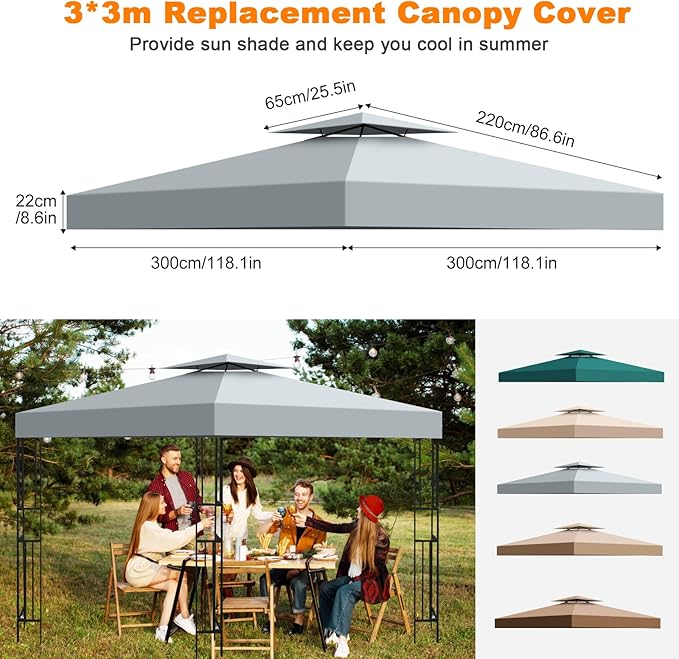 10x10 Gazebo Replacement Canopy, Double Tiered Canopy Cover Top with Ventilation, Heavy Duty 300D Polyester Waterproof Outdoor Gazebo Roof for Patio Garden Yard (Grey, Flat Edge)
