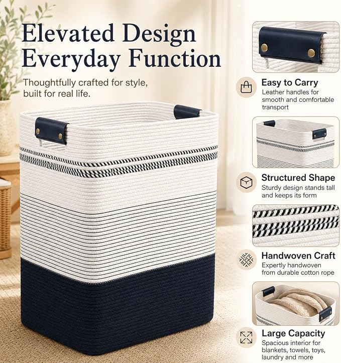 Laundry Hamper, Cotton Rope Laundry Basket with Leather Handles, 25.1-Gallon/95 L Large Clothes Hampers for Laundry, Woven Laundry Baskets for Blankets, Clothing, Bedroom, Living Room, Nursery