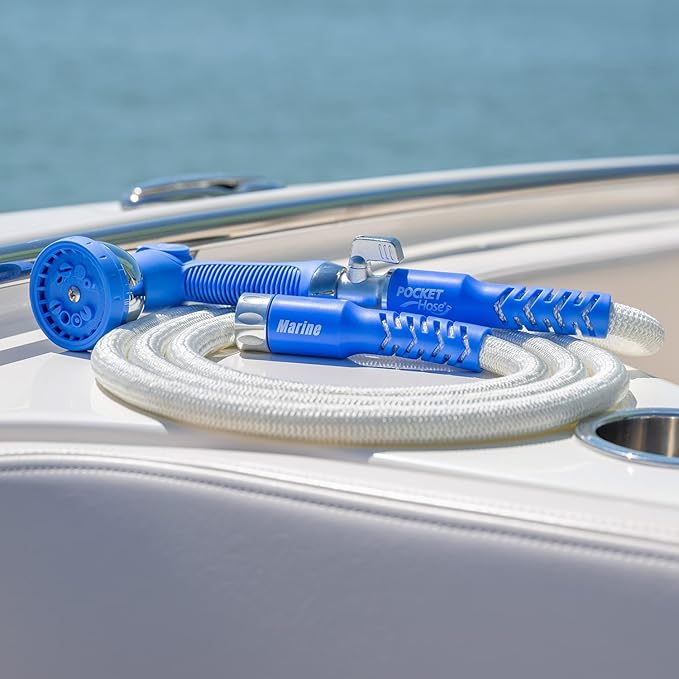 Pocket Hose 100 ft Expandable Garden Hose for Marine & RV Use – Drinking Water Safe & Lead-Free, 3/4” Lightweight No-Kink Hose with On/Off Valve, 10-Pattern Sprayer & Storage Bag