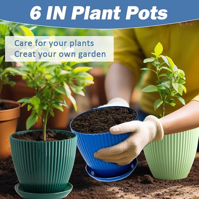 RooTrimmer 6 Inch Plant Pots, Plastic Flower Pots for Indoor Outdoor Plants, Planters with Drainage Holes and Tray Saucers, Cute Succulent Pots Durable and Light Weight (6 Pack)