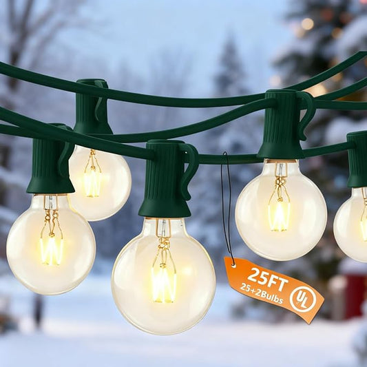 Outdoor String Lights 25 Ft G40 Patio Lights with 27 Edison Incandescent Bulbs,Weatherproof Connectable Hanging Christmas Lights for Backyard Porch Balcony Party Garden, Lawn Decor, Green Wire