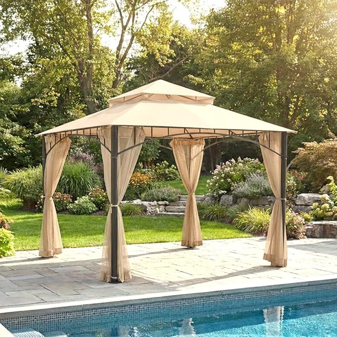 Garden Winds Reinforced Replacement Canopy Top Cover Compatible with The L-GZ136PST and L-GZ136PST-2 Madaga 10' x 10' Gazebo - Classic Sand, Riplock 350