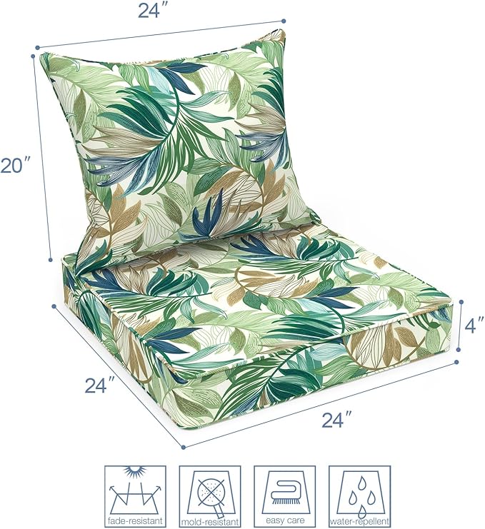 LVTXIII Outdoor Deep Seat Cushion Patio Seat and Back Cushion Set Seasonal Chair Cushion with Removable Cover and Adjustable Buckle for Home and Garden, 22"x22"x4", Lush Leaf Green