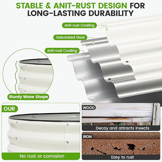 Galvanized Raised Garden Bed Outdoor 2Pcs | 4x4x1ft Metal Raised Beds for Gardening with Safety Rubber Strip | Round Planter Box for Plants Like Vegetables Fruits Flowers, White