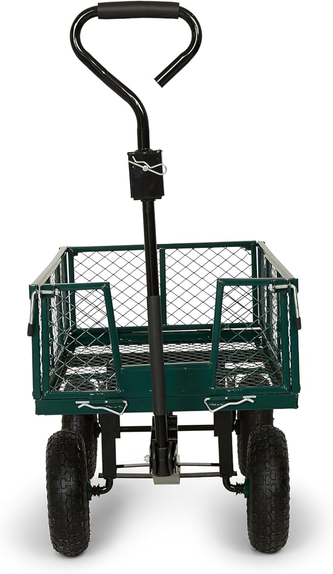 Backyard Expressions Heavy Duty Garden Cart 400 lb Utility Wagon Cart with Removable Mesh Sides, Powder-Coated Steel Bed, Pneumatic Tires, Pull Handle Yard Cart