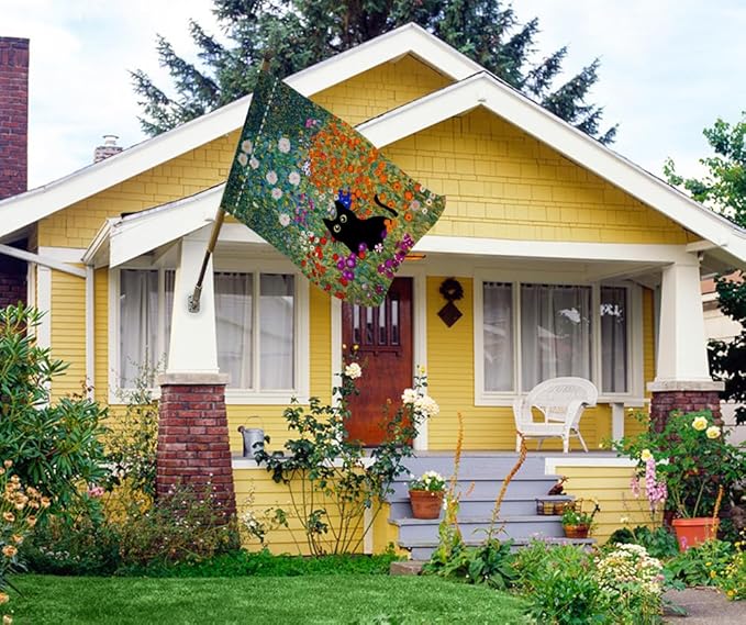 BLKWHT Spring Cat House Flag 28 x 40 Vertical Double Sided Colorful Floral Farmhouse Holiday Outside Decorations Burlap Yard Flag BW571-40
