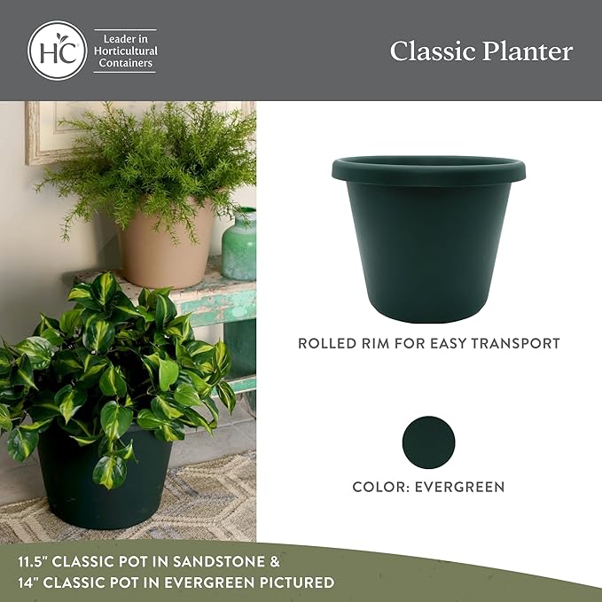 The HC Companies 11.5 Inch Classic Round Planter Pots with Drainage, Rolled Rim Plastic Planters for Indoor & Outdoor Plants, 2-Pack Decorative Flower Pots for Garden, Office & Home Decor, Evergreen