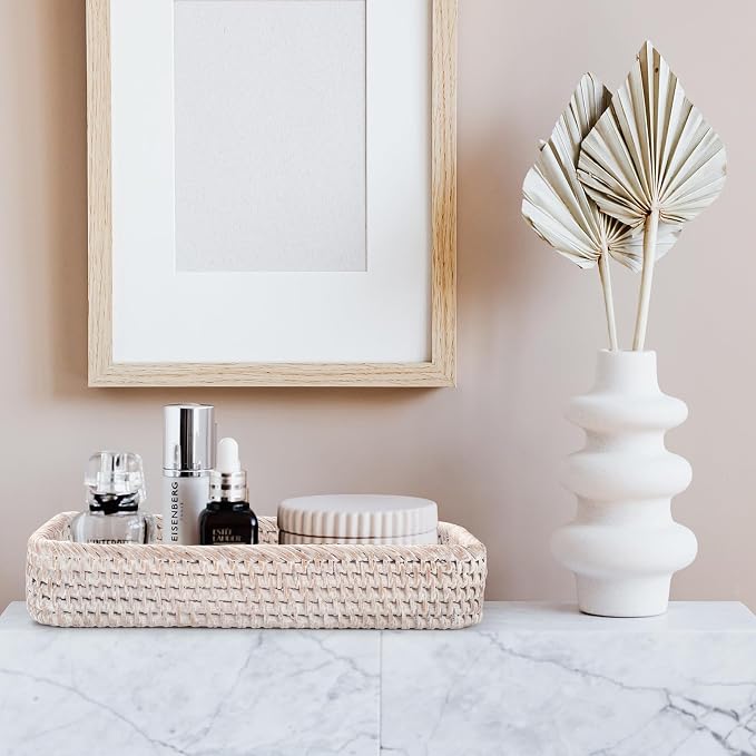 Rattan Bathroom Vanity Trays Toilet Tank Baskets Long Narrow Hand Towel Storage Basket for Storage, Decorative (Whitewash 10.2 x 4.9 x 1.6 inch)