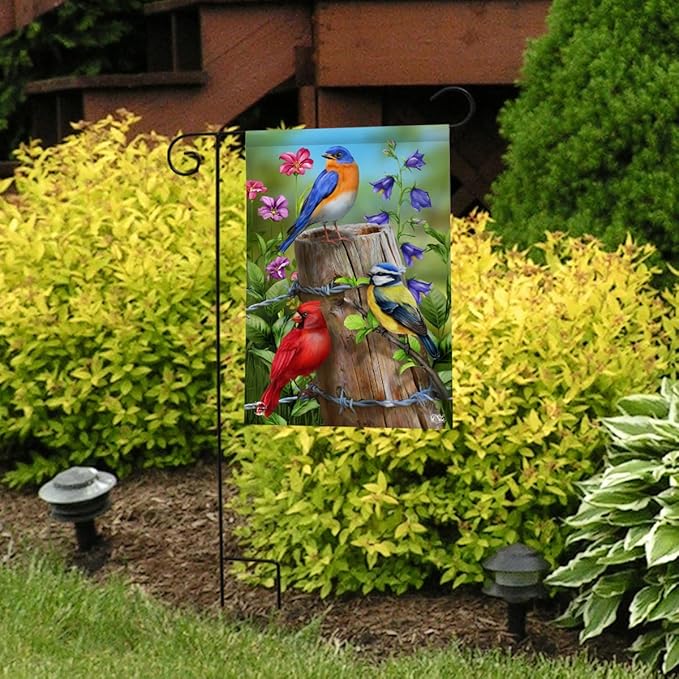 Fence Post Birds Spring Garden Flag Cardinal Bluebird 12.5" x 18" Briarwood Lane