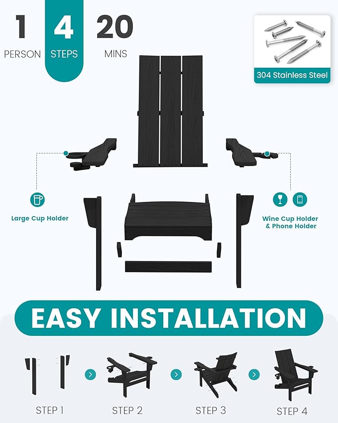 SERWALL Adirondack Chair Set of 6 with Dual Cup Holders, Folding Modern Adirondack Chairs, HDPE Outdoor Adirondack Chair for Patio, Black