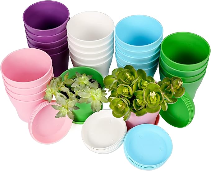 TDHDIKE 10 Pcs Plastic Planters Indoor Flower Plant Pots, Mini Flower Seedlings Nursery Pot/Planter/Flower Pot with Pallet, Modern Decorative Gardening Containers (5color 25)
