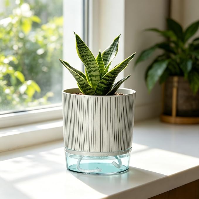 Self Watering Pots for Indoor Plants, 4 and 5.3 Inch, Plastic, Black Stripes, Round, Modern, Tabletop