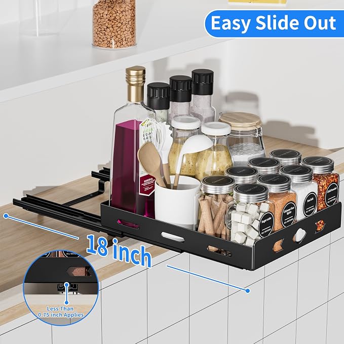 BOIVSHI Pull Out Spice Rack for Cabinet, 1 Tier, 8.4" Wx10.5 Dx2.8 H | Heavy Duty Metal Spice Rack Organizer for Pantry, Vertical Design Saves Space Inside the Cabinets, Black
