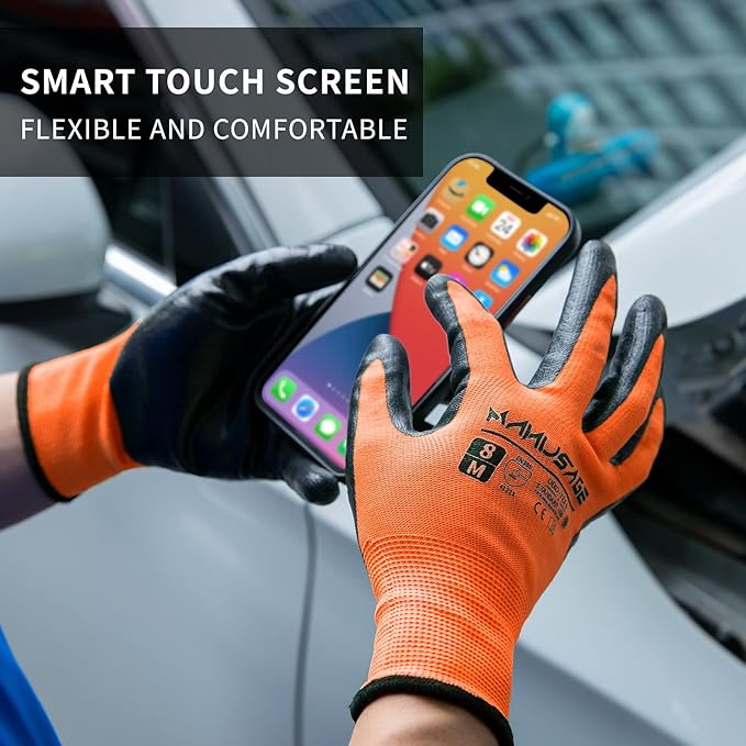 MANUSAGE Safety Work Gloves Nitrile For Men and Women, with Touchscreen Fingers, Men's Work Gloves with Grip, Mechanics Gloves (Size XL, Orange, 3-pairs)