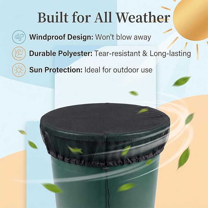 2PCS 39’’ Mesh Cover for Rain Barrel with Drawstring Water Collection Buckets Tank Net Cover Rain Barrels Protector for Preventing Fallen Leaves in Outdoor Garden Eaves(Black)