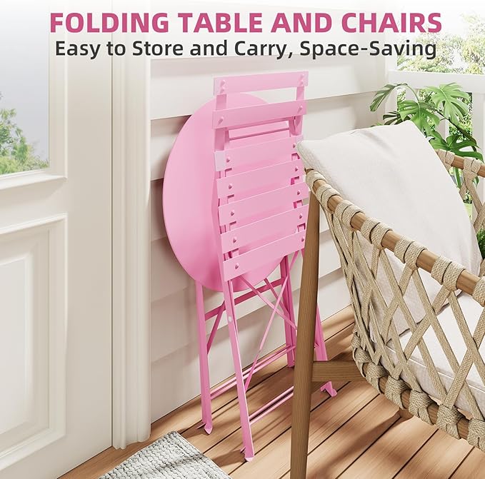 3-Piece Folding Bistro Set, 2 Chairs and 1 Coffee Table, Space Saving Weather-Resistant Frame, Portable Indoor/Outdoor Patio Furniture Conversation Set for Garden Porch Balcony Deck - Pink