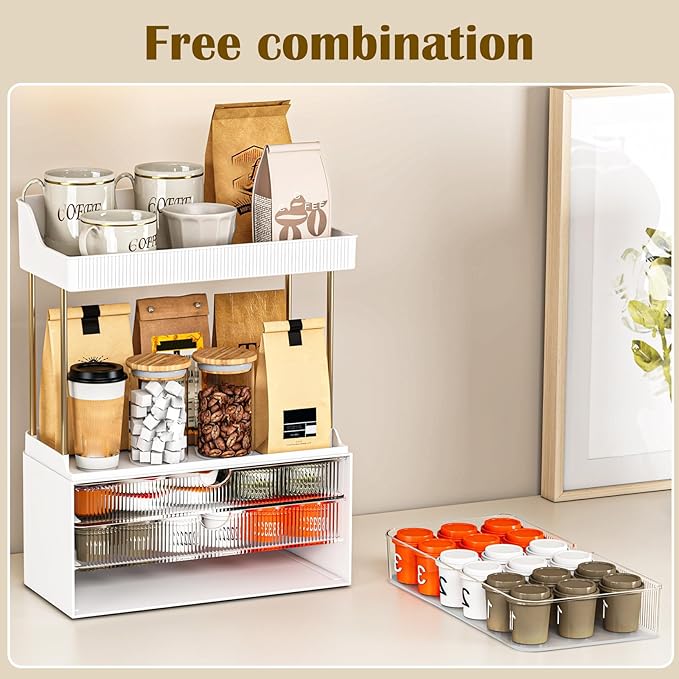 caktraie 2 Sets 5 Tier Acrylic Makeup & Bathroom Vanity Organizer | 2 Set Clear, 3 drawers 2 open shelves, dustproof, wipe clean, for large skincare, perfumes, lipsticks, dresser, counter