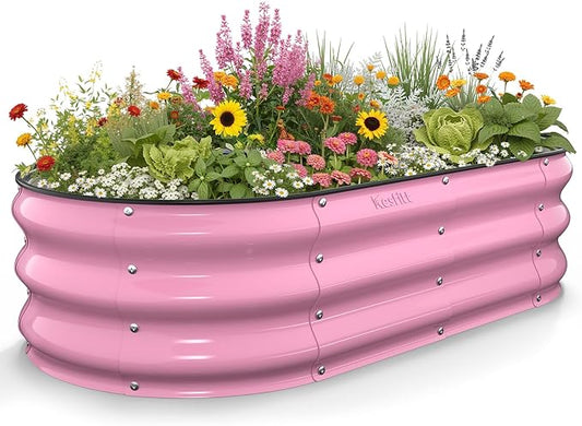 Kesfitt Raised Garden Bed, 4x2x1 FT Galvanized Steel Metal Raised Garden Bed, Oval Open-Bottom Design, 12-Inch Deep for Outdoor Vegetable & Herb Gardening, Blushing Pink