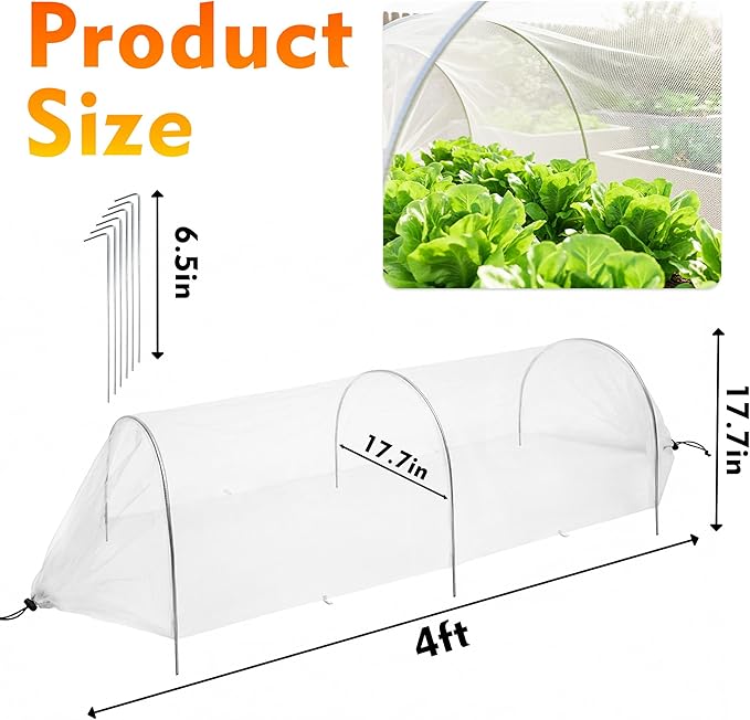 4ft Garden Row Accelerator Plants Cover, Pop Up Garden Bed Tunnel Net with 6 Stakes, Ready-to-Use Design Garden Beds Vegetable Rows Plant Protector for Protecting Vegetable Fruit