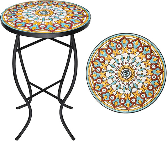 VCUTEKA Mosaic Outdoor Side Table - Small Patio Table Coffee Outside Accent Tables Round End Plant Tables for Bistro Balcony Porch Outdoor Benches 14'' Multi Yellow