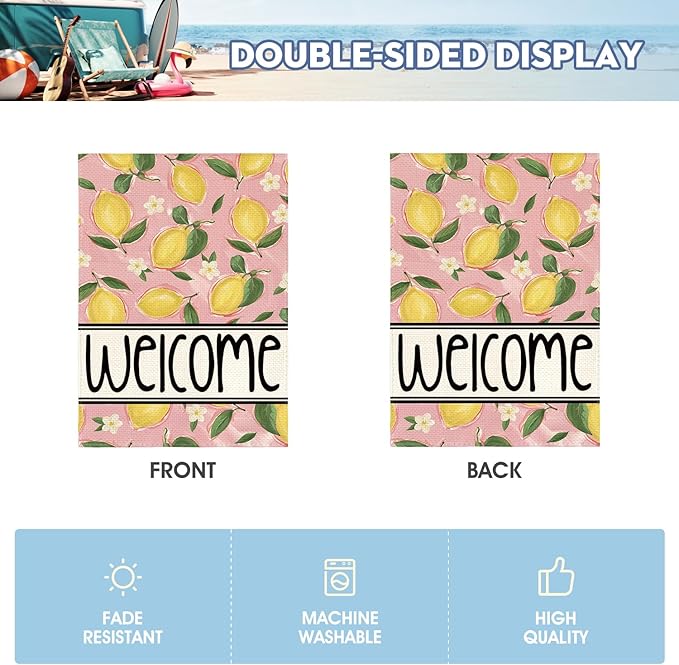 AVOIN colorlife Summer Lemon Garden Flag 12x18 Inch Double Sided Outside, Pink Welcome Seasonal Yard Outdoor Flag