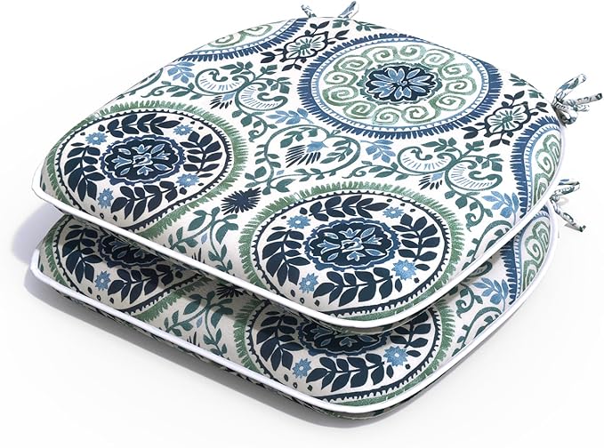Outdoor Chair Cushions 16"x17" Set of 2, Water Resistant Patio Chair Pads with Ties, Seat Cushions for Home Garden Furniture Decoration, Celadon Wreath