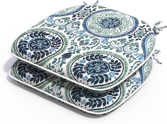 Outdoor Chair Cushions 16"x17" Set of 2, Water Resistant Patio Chair Pads with Ties, Seat Cushions for Home Garden Furniture Decoration, Celadon Wreath