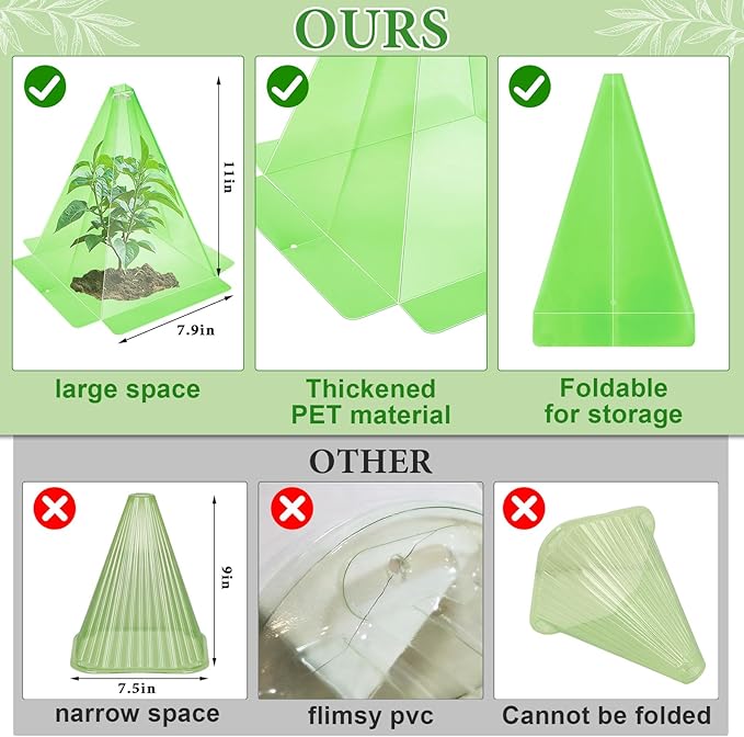 Garden Cloches for Plants, 50 Pieces Reusable Plastic Plant Seedling Protector with 100pcs Metal Stakes, Green Transparent Bell Jar Cloches to Protect Plants from Birds, Slugs, Sun, Freeze Weather