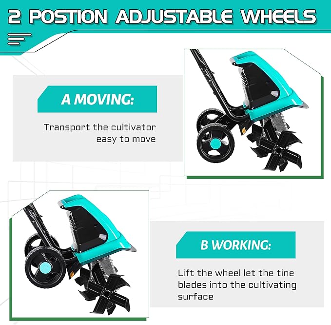 IncwBo 15 Amp 12 Inch Electric Tiller/Cultivator with 4 Steel Tines Small Garden Tiller for Gardening, Corded Rototiller with Adjustable Wheels
