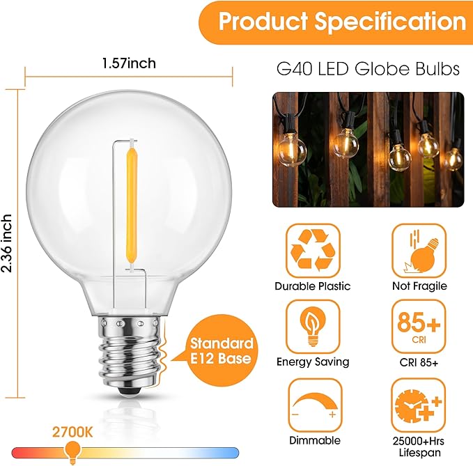 Mlambert G40 LED Replacement Light Bulbs for String Lights, Dimmable E12 Base Shatterproof Bulbs, 1W Equal to 5W, Warm White 2700K, 25Pack, Not Solar
