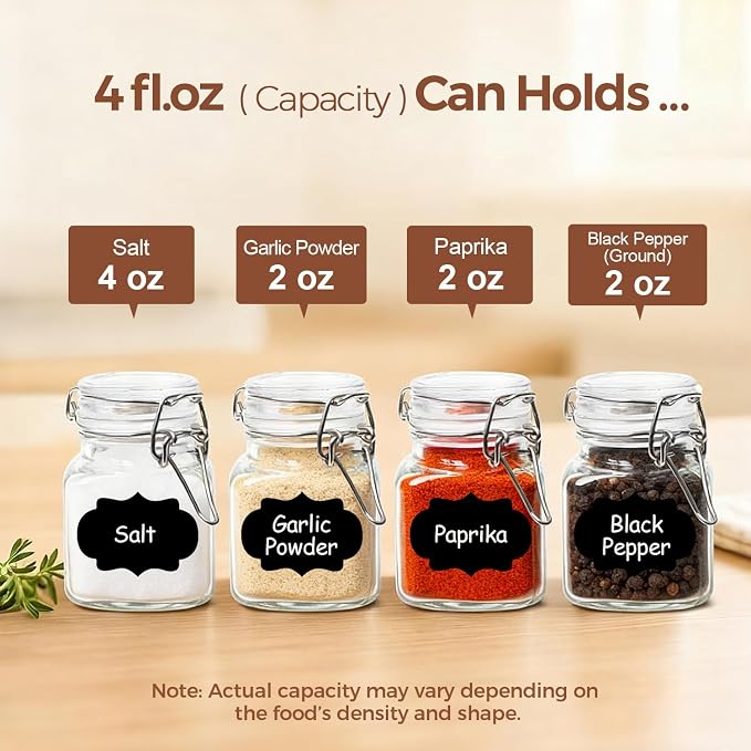 ComSaf Square Glass Spice Jars 4 oz 6 Pack with Labels and Funnel Set